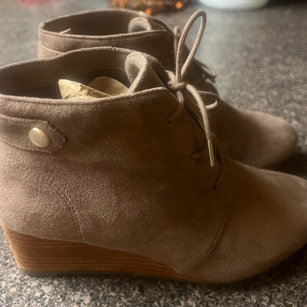 Taupe Suede Lace-Up Wedge Booties
